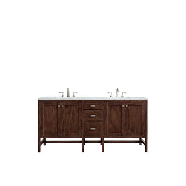 James Martin Vanities Addison 72 in. W x 23.5 in.D x 35.5 in. H Double Bath Vanity in Mid Century Acacia with Marble Top in Carrara White