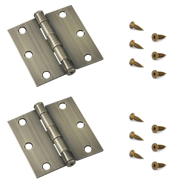 3-1/2 in. x 3-1/2 in. Antique Brass Full Mortise Butt Hinge with Removable Pin (2-Pack)