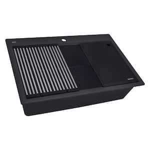 EpiStage 33 in. Drop-in Top Mount Single Bowl Matte Black Granite Composite Workstation Kitchen Sink