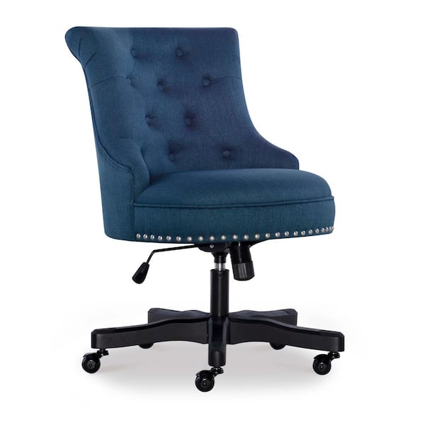 Linon Home Decor Sinclair Azure Blue Office Chair with Silver Nail Heads and Black Wood Base