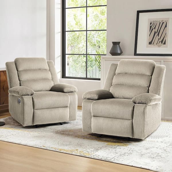 Modern Oatmeal Corduroy Fabric Upholstered Recliner Chair with Adjustable Backrest and Footrests (Set of 2)