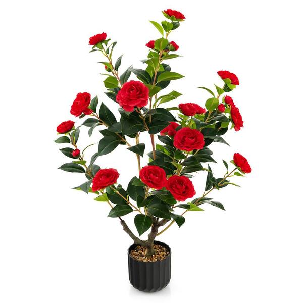 ANGELES HOME 3 ft. Red Artificial Camellia Tree Bonsai Faux Flower