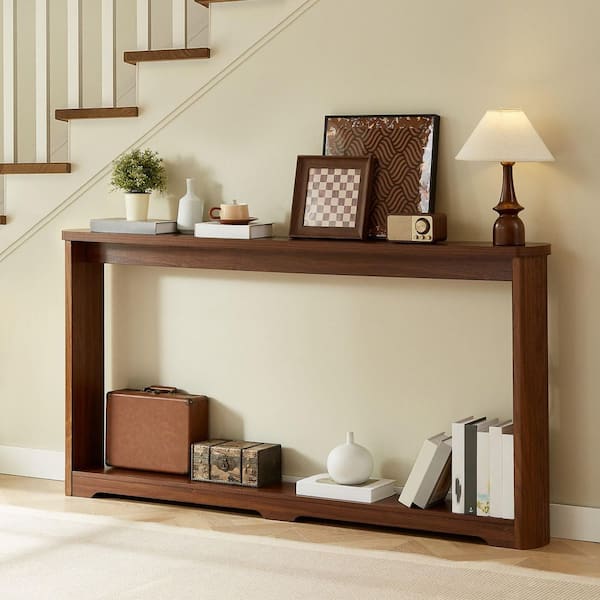 70 in. Narrow Rectangle Walnut MDF Console Table with Corrugated Texture-Entryway, Hallway and Behind Sofa Storage Table