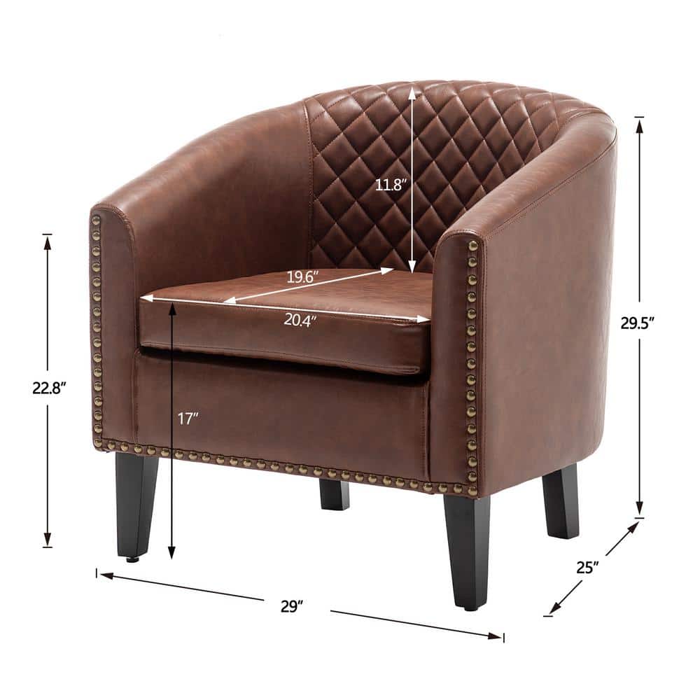 Brown Faux Leather Barrel Chairs with Nailhead Trim, Set of 2