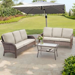 Nyajiah Brown 3-Piece Wicker Outdoor Patio Sofa Couch with Beige Cushions, Coffee Table