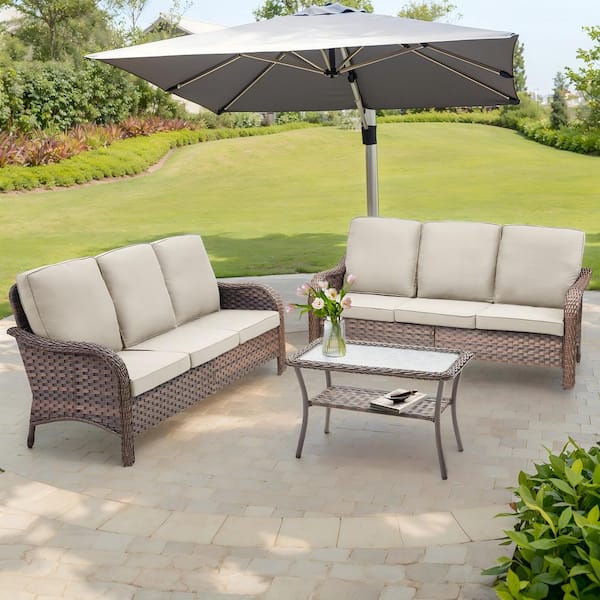 Brown 3-Piece Wicker Outdoor Patio Sofa Couch with Beige Cushions, Coffee Table