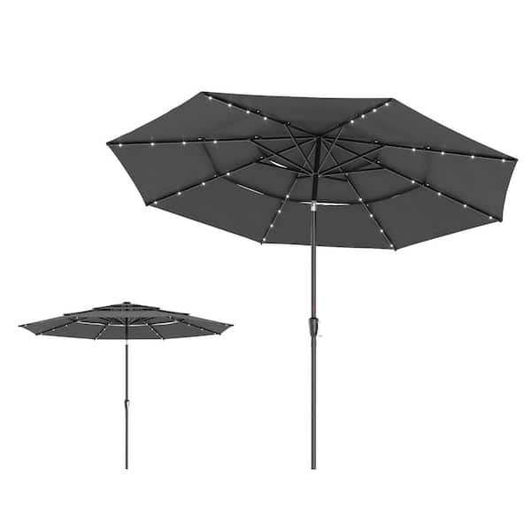 11 ft. 3-Tier Market Umbrella with 32 Solar Lights, Outdoor Patio Umbrella for Backyard, Deck, Poolside in Dark Gray