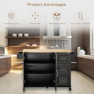 Black Kitchen Cart with Drawers and Locking Casters and Wheels and Shelf