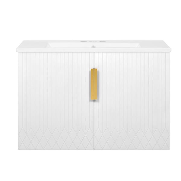 30 in. Wall-Mounted White Bath Vanity with White Ceramic Top Unassembled