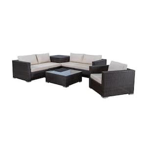 Dominique 7-Piece Wicker Outdoor Sectional Set with Beige Cushions and Includes Storage