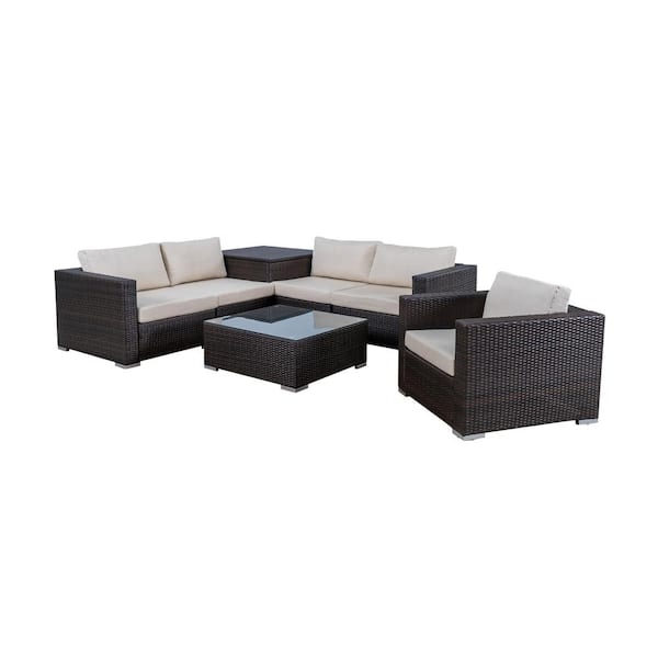 Noble House Dominique 7-Piece Wicker Outdoor Sectional Set with Beige Cushions and Includes Storage