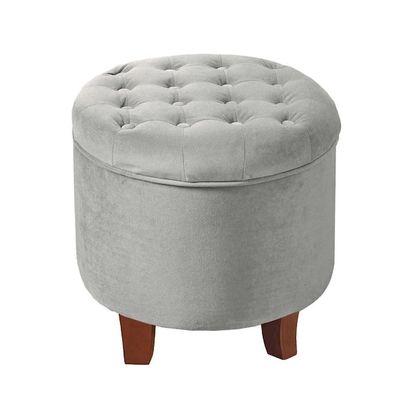 Benjara Gray and Brown Velvet Round Storage Ottoman