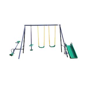 Metal Outdoor Swing Set with Slide, Seesaw and Sturdy A-Framed