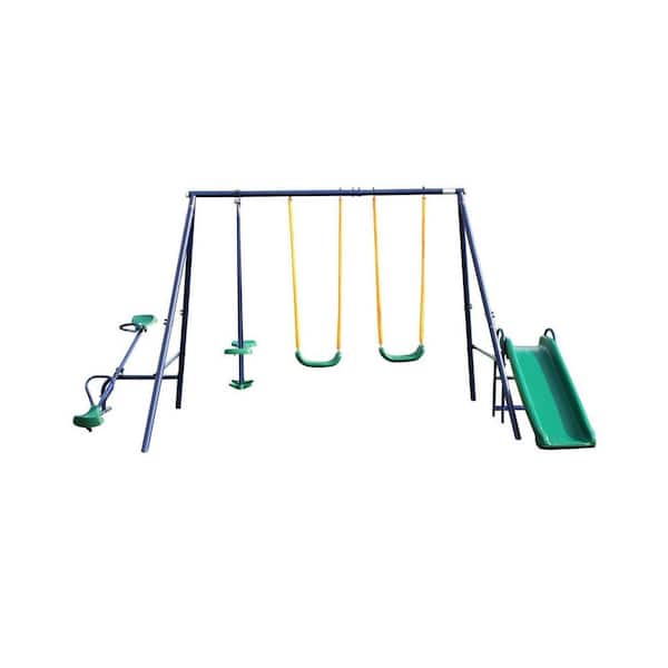 Tidoin Metal Outdoor Swing Set with Slide, Seesaw and Sturdy A-Framed