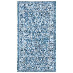 Courtyard Navy/Ivory 3 ft. x 5 ft. Border Floral Scroll Indoor/Outdoor Area Rug