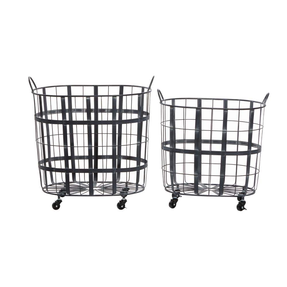 Industrial Black Metal Oval Storage Basket Set with Wheels