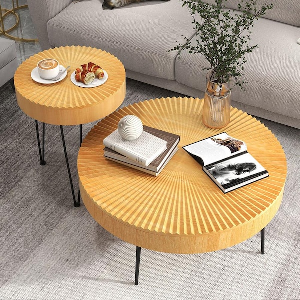 31.5 in. Farmhouse Natural Finish Round Wood Coffee Table Set of 2-End Table for Living Room