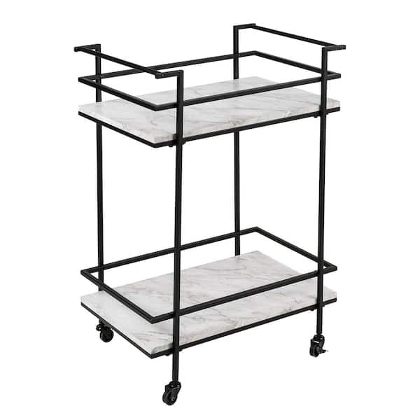 MOEPISY 2-Tier Rolling Bar & Serving Cart, Black & White Faux Marble Outdoor Tables Serving Bars Black