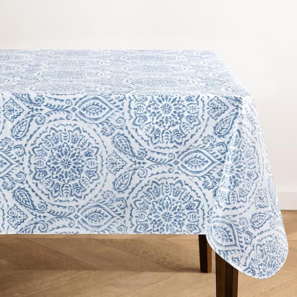 Threadmade Home Savannah Boho Paisley Printed Vinyl Indoor/Outdoor Tablecloth, Blue - 60"W x 84"L