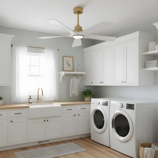 52 in. LED Indoor Modern Style Downrod Gold White Farmhouse Style Ceiling Fan with Light Kit, Reversible DC Motor