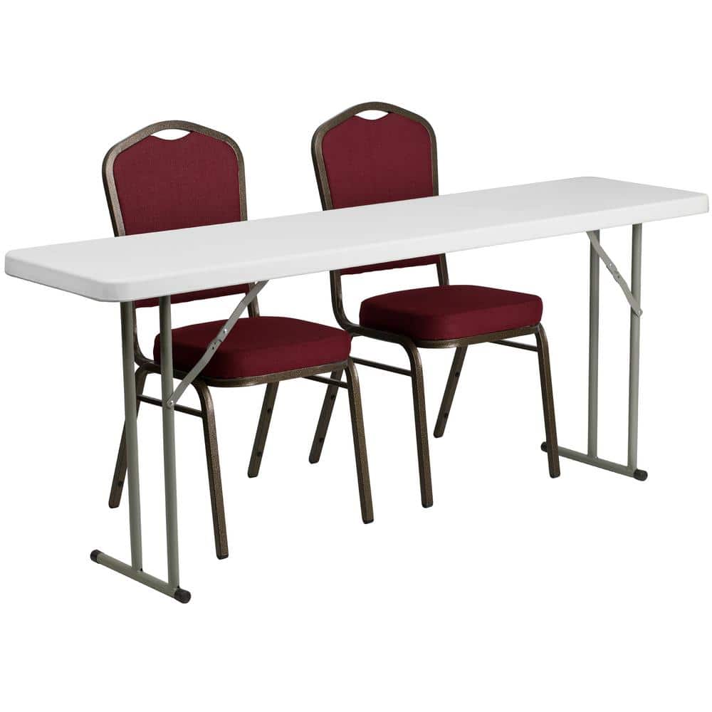 72 in. Burgundy Plastic Tabletop Fabric Seat Folding Table and Chair Set