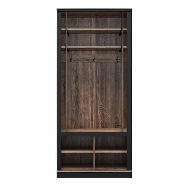 Ameriwood Home Hutton Black and Walnut Entryway Hall Tree With Bench and Storage Cubbies