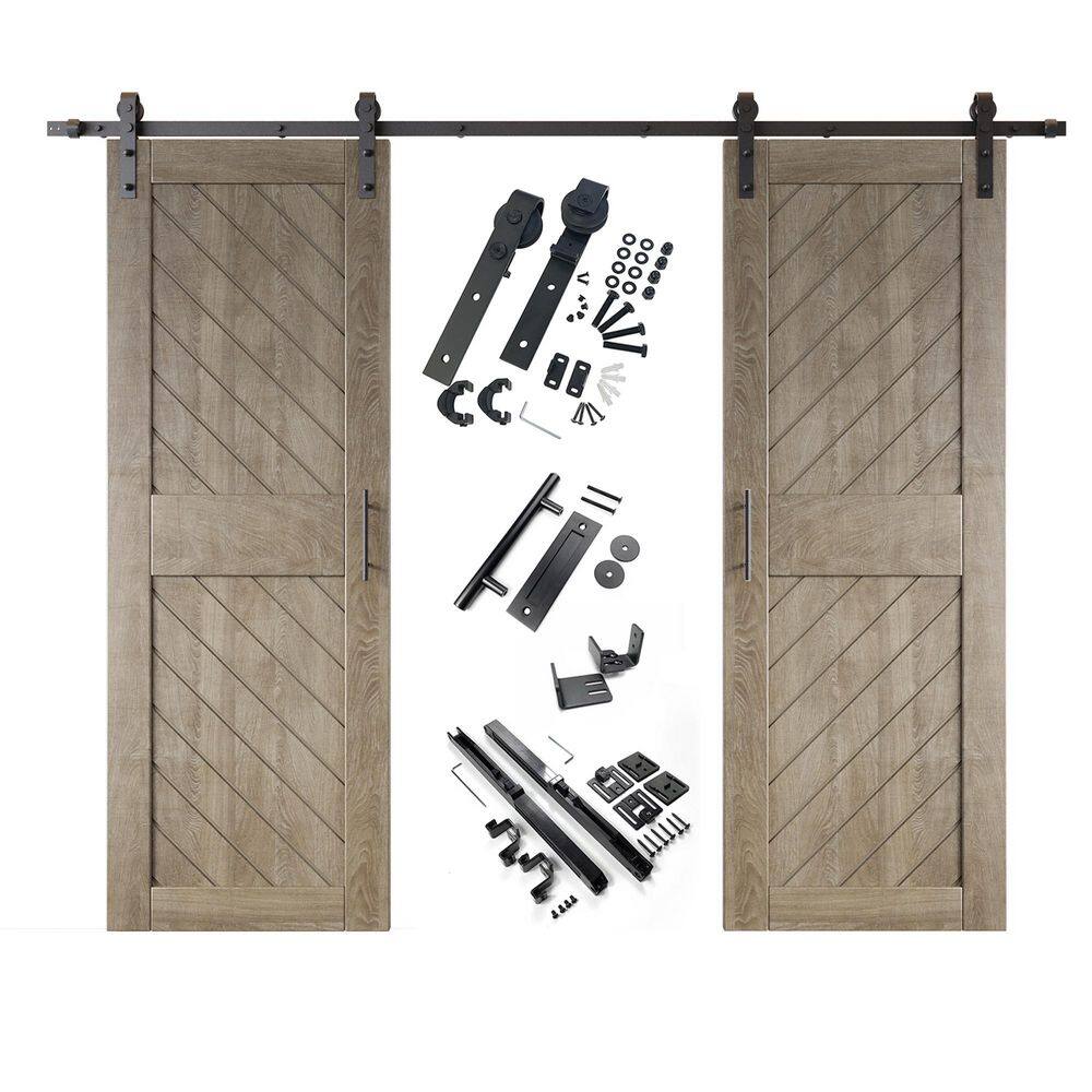 XT2 30 in. x 84 in. C-Panel Classic Gray Slanted Stripe Design Double Pine Wood Sliding Barn Door with Hardware Kit price history on PriceWatchPro
