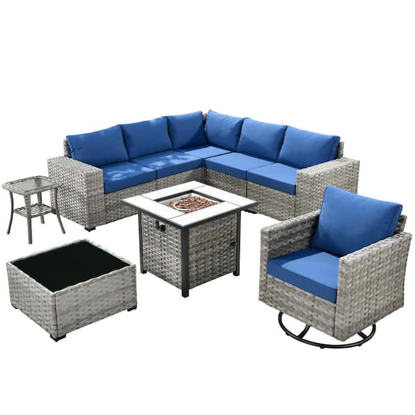 XIZZI Metis 9-Piece Wicker Outdoor Patio Fire Pit Sectional Sofa Set and with Navy Blue Cushions and Swivel Rocking Chairs