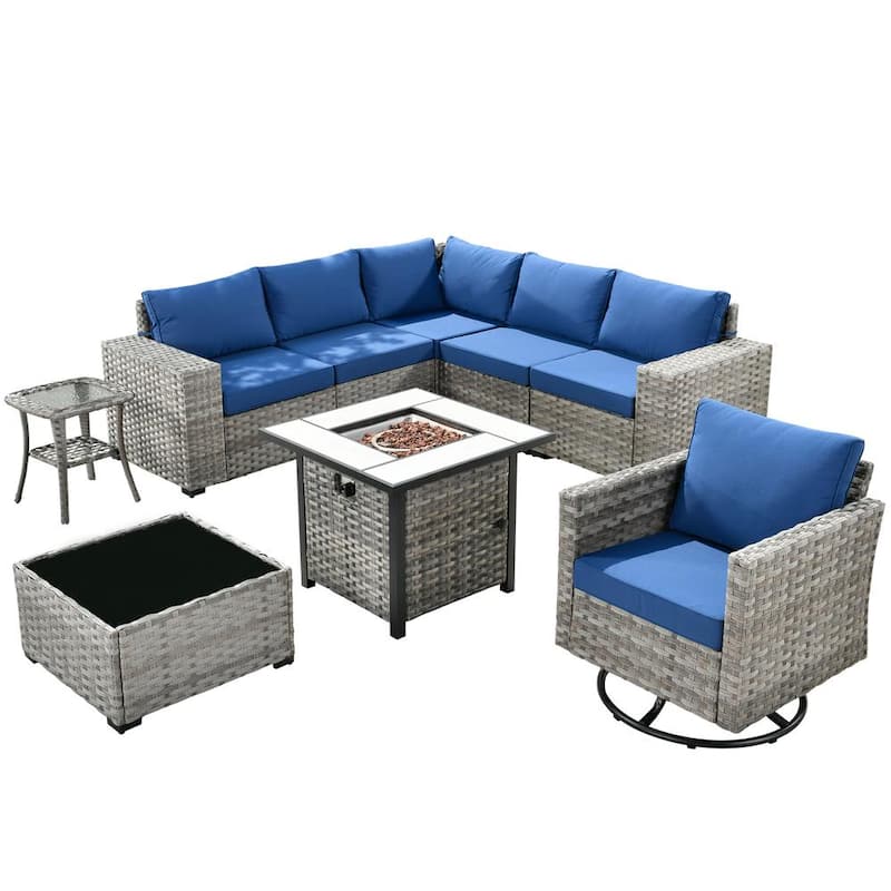 Metis 9-Piece Wicker Outdoor Patio Fire Pit Sectional Sofa Set and with Navy Blue Cushions and Swivel Rocking Chairs