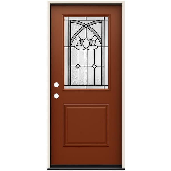 JELD-WEN 36 in. x 80 in. Right-Hand/Inswing 1/2 Lite Ardsley Decorative Glass Mesa Red Fiberglass Prehung Front Door