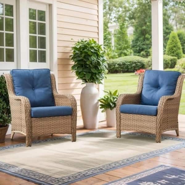 moosprr Patio Yellow Wicker Outdoor Lounge Chair with Blue Cushions and Curved Armrest (2-Pack)