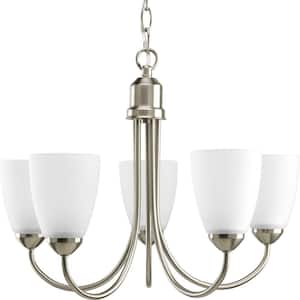 Gather Collection 20-1/2 in. 5-Light Brushed Nickel Transitional Chandelier Light with Etched Glass for Dining Rooms