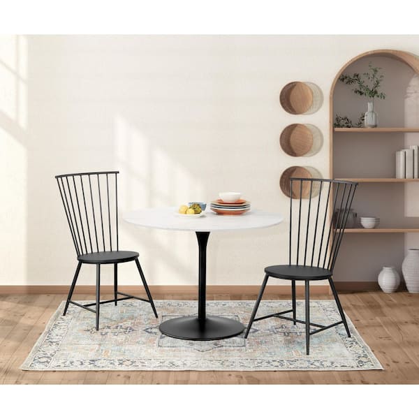 Flower White Faux Marble Wood Top 41.25 in. Black Pedestal Base Dining Table, Seats 4