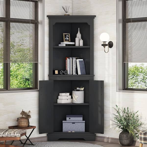 Black Wood 69.4 in. H Tall Corner Storage Cabinet with Doors and Open Shelves