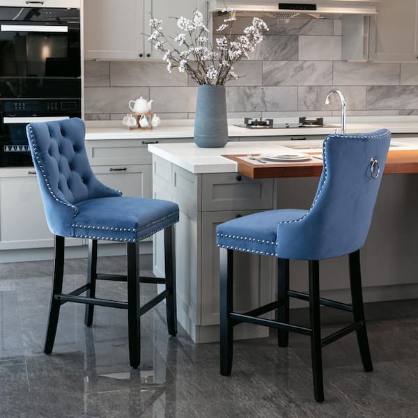 Seafuloy 26 in. Blue Contemporary Velvet Barstools with Button Tufted Back, Wooden Legs and Chrome Nailhead Trim (Set of 2)