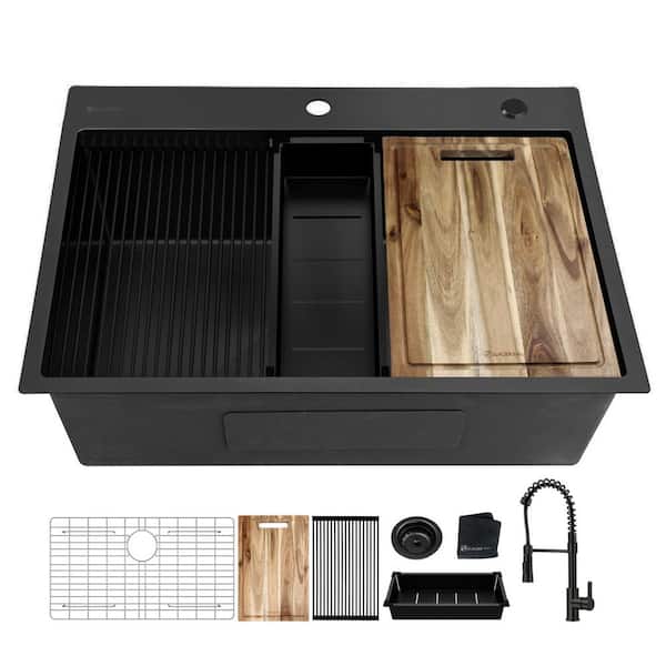 Glacier Bay 33 in. Drop-In Single Bowl 18-Gauge Black Stainless Steel Workstation Kitchen Sink with Black Spring Neck Faucet