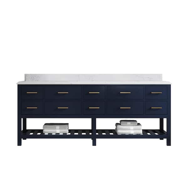 Willow Collections Parker 84 in. Double Sink Freestanding Navy Blue Bath Vanity with Regular Empira White Qt. Top Unassembled