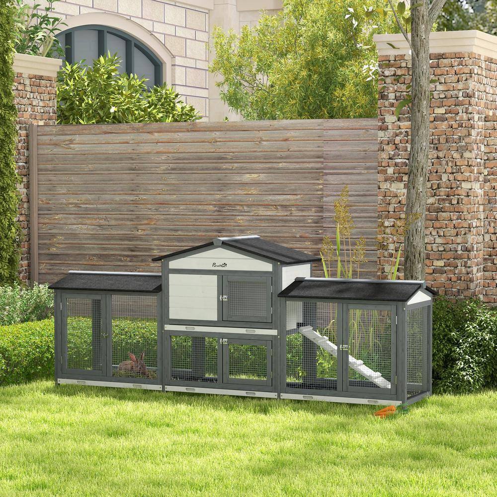 Gray Wooden Guinea Pig Hutch with Double Run and Ramp