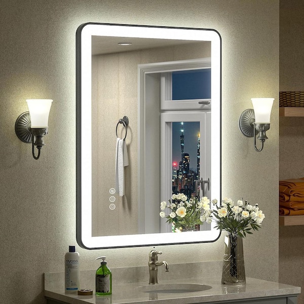 20 in. W x 28 in. H Rectangular Framed Front, Back LED Lighted Anti-Fog Wall Bathroom Vanity Mirror in Tempered Glass
