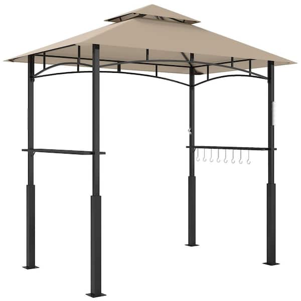 8 ft. x 5 ft. Khaki Grill Gazebo, Double Tiered BBQ Gazebo with LED Light, 2 Side Shelves, Hooks and Bottle Opener