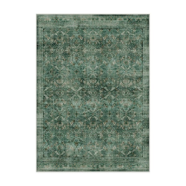 Machine Washable Rug with Standard Pad-Frances Jade Green 5 ft. x 7 ft.