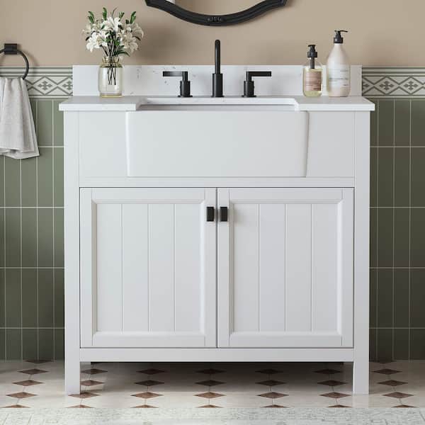 Richfield 37 in. Single Sink Freestanding White Bath Vanity with White Engineered Stone Top and Backsplash Assembled