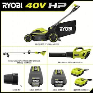 40V HP Brushless 21 in. Cordless Battery Walk Behind Push Lawn Mower, Leaf Blower & Trimmer w/ 8.0 Ah Battery & Charger