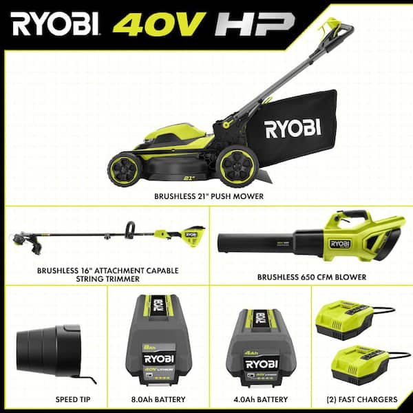 40V HP Brushless 21 in. Cordless Battery Walk Behind Push Lawn Mower, Leaf Blower & Trimmer w/ 8.0 Ah Battery & Charger