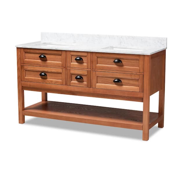 Baxton Studio Alamitos 60 in. W X 22 in. D Bath Vanity in Oak Wood with Marble Vanity Top in White with White Basin