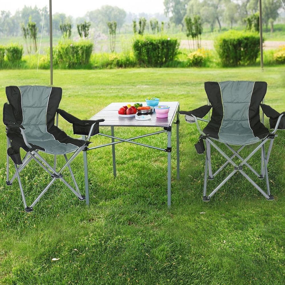 Oversized Gray Steel Frame Camping Chair with Cooler Bag