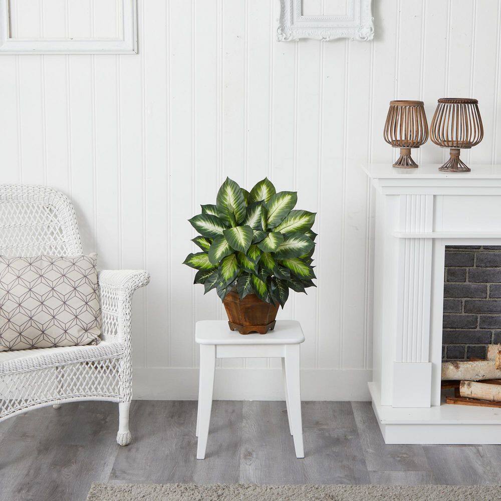 Compact Golden Leaf Dieffenbachia Silk Plant with Traditional Wooden Vase