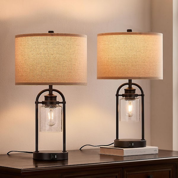 KAWOTI 22 in. Industrial Bronze Lamp Set with Night Lights and Glass Shade and USB Ports
