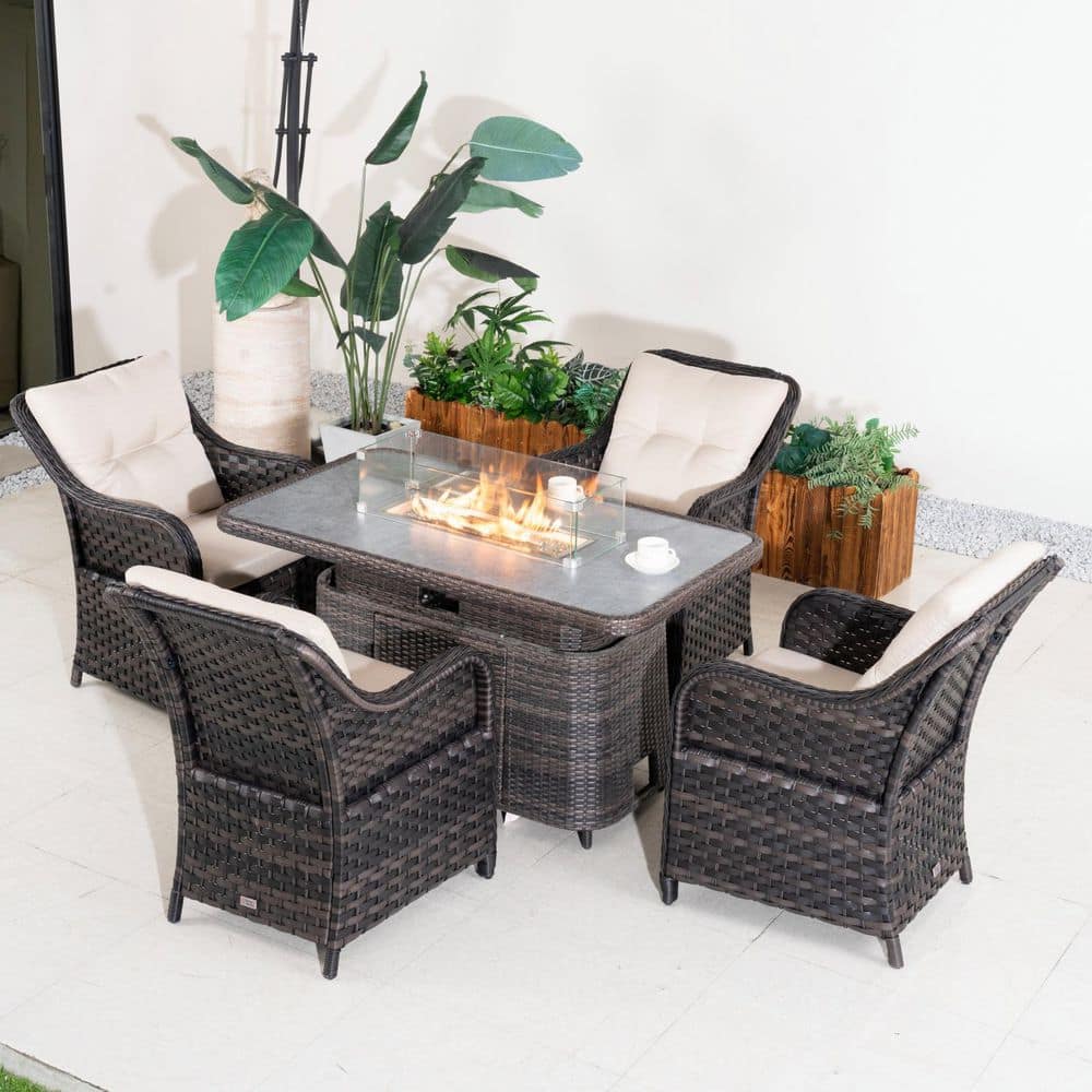 Pure 5-Piece Wicker and Aluminum Rectangular Adjustable Height Outdoor Dining Fire Pit Table Set with Beige Cushions price history on PriceWatchPro