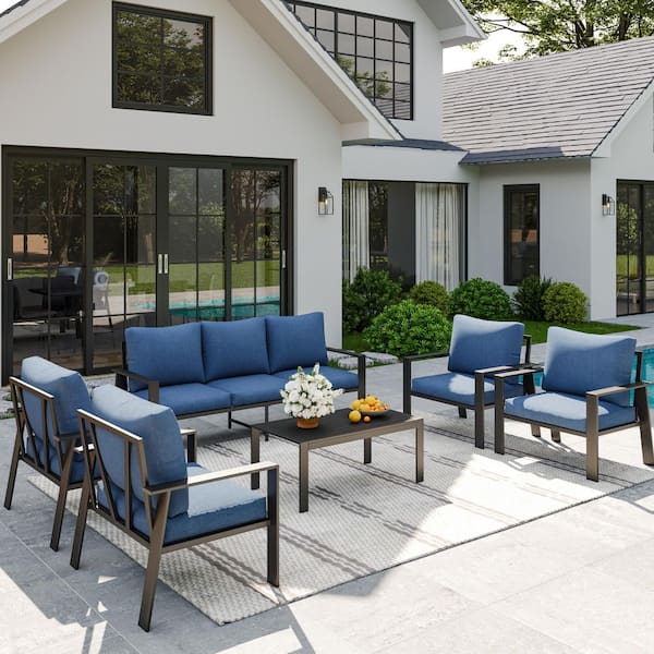 Poteban Gray Aluminum Frame 7-Person Outdoor Conversation Set with Navy Blue Cushions
